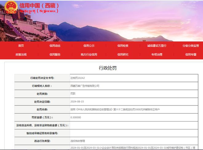西藏万峰广告传媒有限公司被罚款3000元(图1)