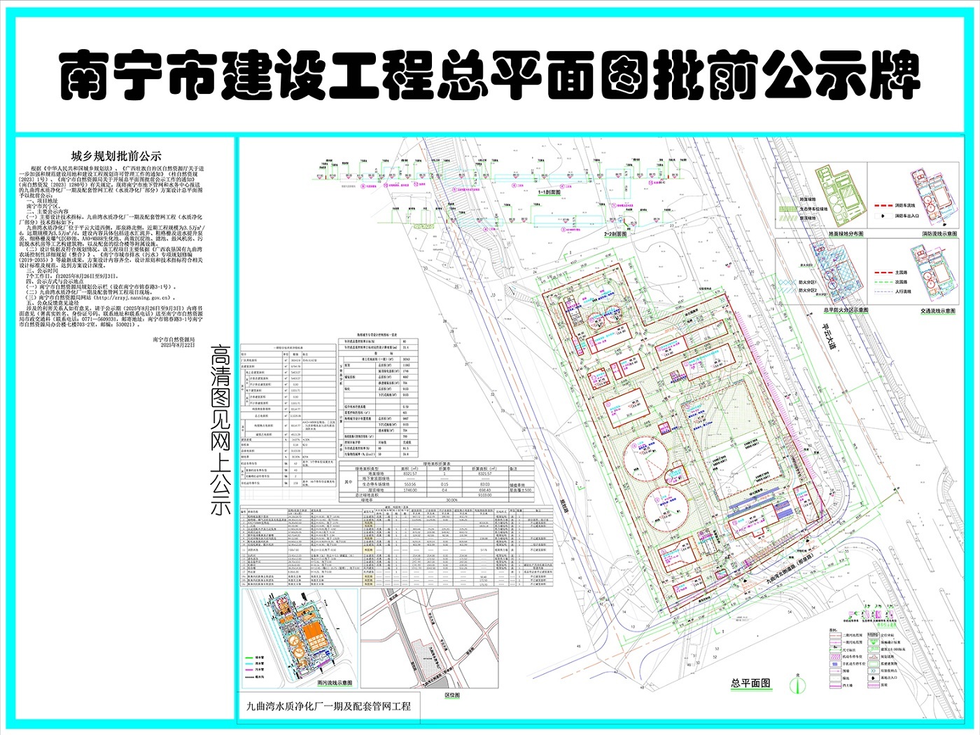 南宁市地下管网和水务中心报送的九曲湾水质净化厂一期及配套管网工程（水质净化厂部分）方案设计总平面图批前公示(图1)